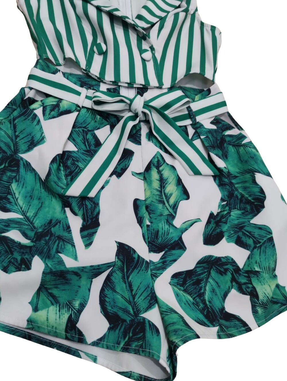 A. Peach Green Stripe Tropical Romper - Picture 5 of 8